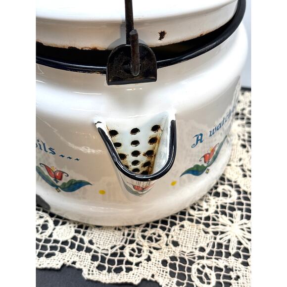 Vintage MCM Berggren Enamelware Teapot Folk Art ‘A Watched Kettle Never Boils’ - Picture 6 of 10